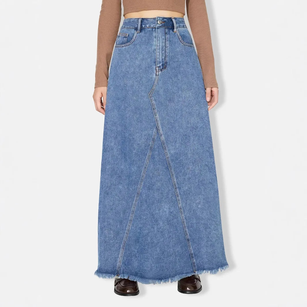Denim Skirt Women Vintage Long Skirts High Waist Distressed Washed Button Pockets Summer Mom Jeans Y2k A Line Streetwear 2025 Aviola