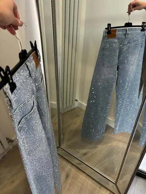 Denim Pant Women Mom Jeans Long Pants Hot Drilling Slim Fit High Waist Straight Trousers Y2k Streetwear Splice Club Party 2025 Aviola