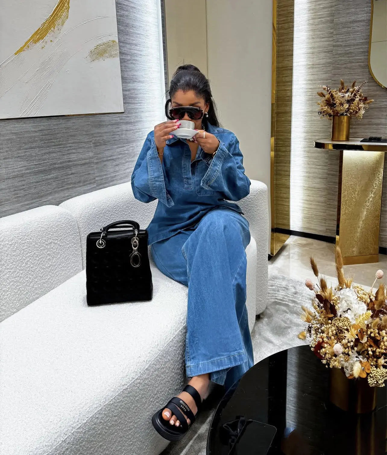 Denim Pant Set Women Two Piece Sets Turn Down Collar Mom Jeans Shirt Tops Wide Leg Long Pants Straight Trousers Y2k Streetwear Aviola