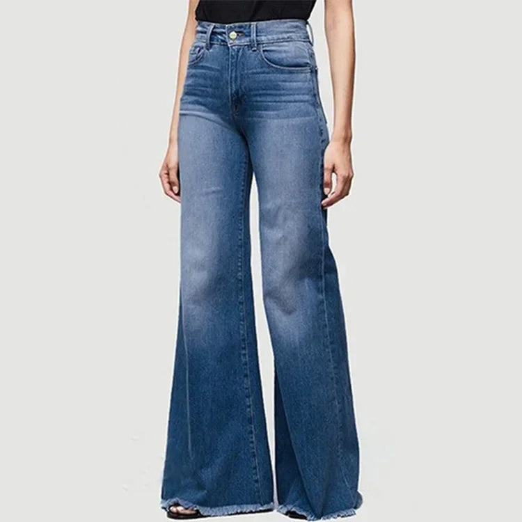 Women Washed Jeans Flare Pants Denim Mid Waist Vintage Denims Pockets Button Basics Full Length Solid Color Casual Trousers Aviola