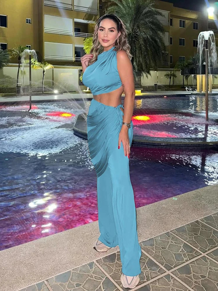 Nibber Elegant Ruched 2Piece Set Summer Women Chic Irregular Tank Tops+Skirts Pants Matching Casual Basic Classic Streetwear Aviola
