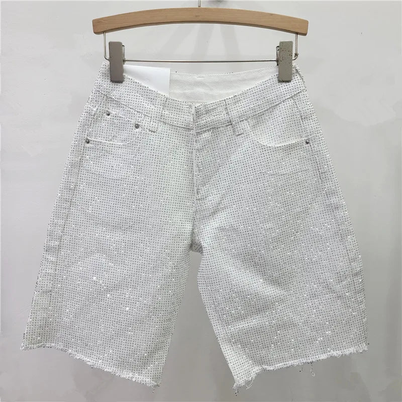 Denim Shorts Women Short Pants Diamonds High Waist Distressed Washed Y2k Punk Knee Length Streetwear Summer 2025 Straight Jeans Aviola