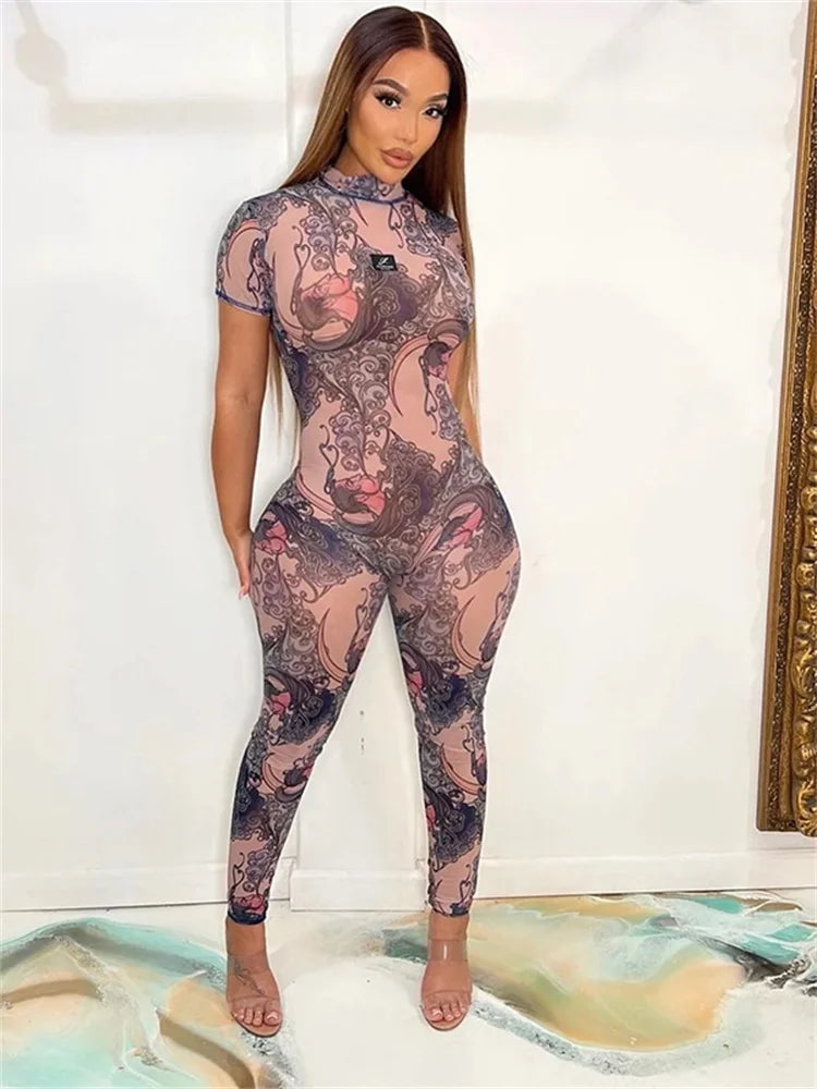 NIBBER Summer Women Round Neck Fashion Printing Short Sleeve Jumpsuit Body Shaper Jumpsuit Street Casual Spice Girl Clothing Aviola