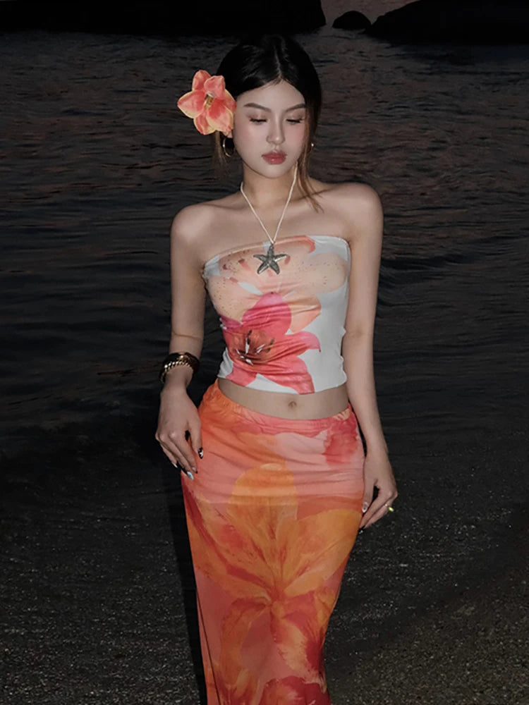 Nibber Colorful Wrap Tops Women Flower Print Chest Wrap Sleeve Backless Skinny Beach Party Simple Classic Summer Mini Clothes Aviola