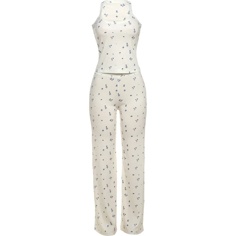Nibber Comfy Casual Ribbed 2 Piece Set Women Flower Print Squard Collar Tops+Straight Pants Matching Daily Simple Elegant Suits Aviola