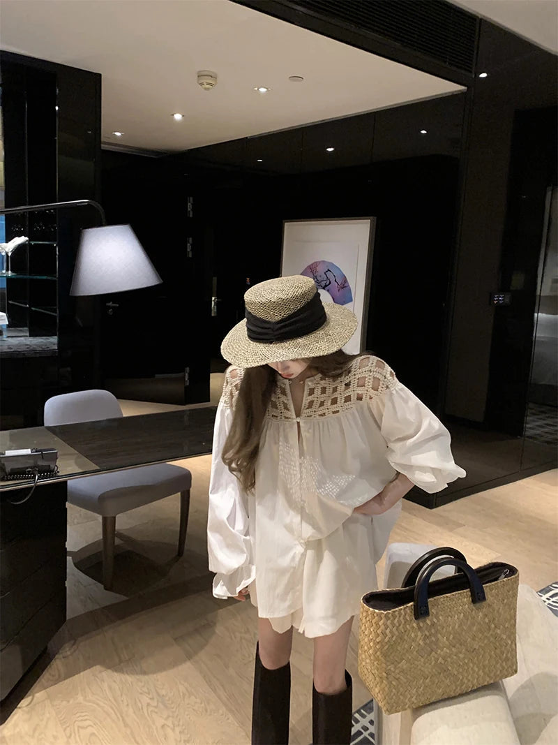 MEXZT Vintage White Shirts Women Streetwear Hollow Out Oversized Blouses Summer Ladies Korean Lantern Long Sleeve Casual Tops Aviola