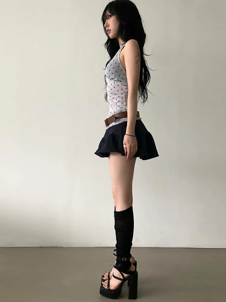 Nibber See Through Vests Women v-Neck Halter Bandage Backless Polka Dot Print Street Sexy Daily Skinny Fashion Hot Chick Tops Aviola