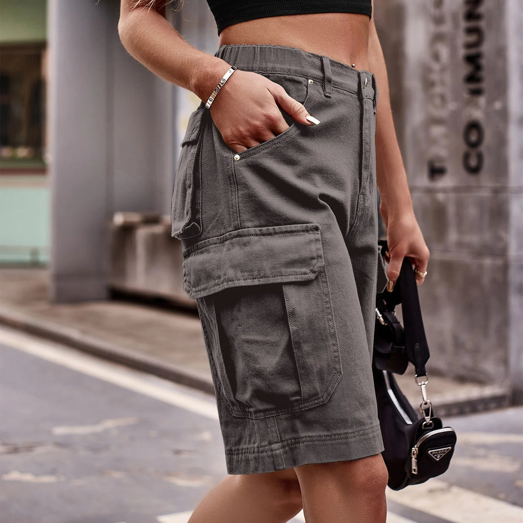 Mom Jeans Women Knee Length Cargo Pants Vintage Multiple Pockets Elastic Waist Female Streetwear Straight Party Denim Party 2025 Aviola