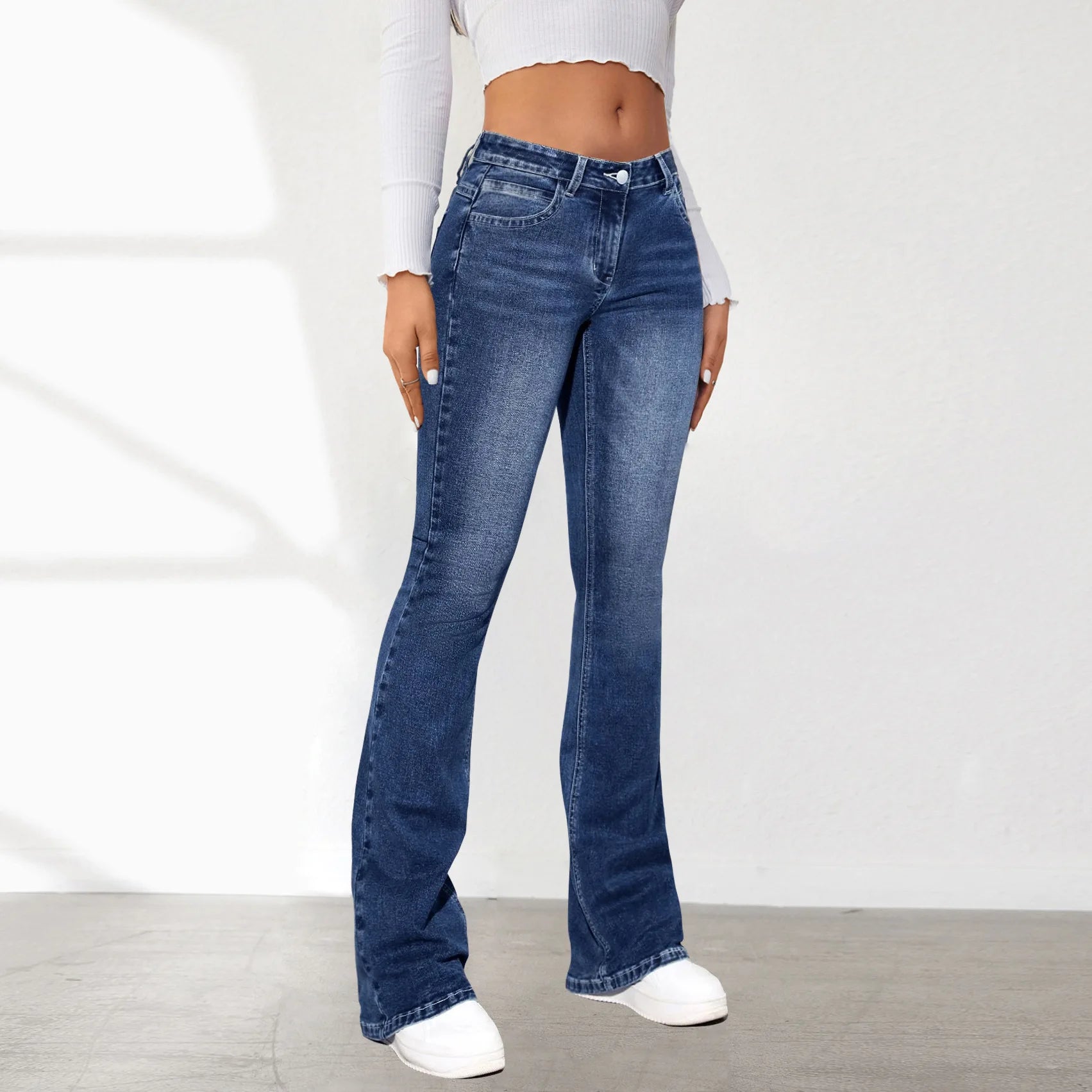 Women Jeans Slim Fit Flare Pants Denim Washing Pockets High Waist Solid Ankle Length Boot Cut Streetwear Casual Zipper Fly Aviola