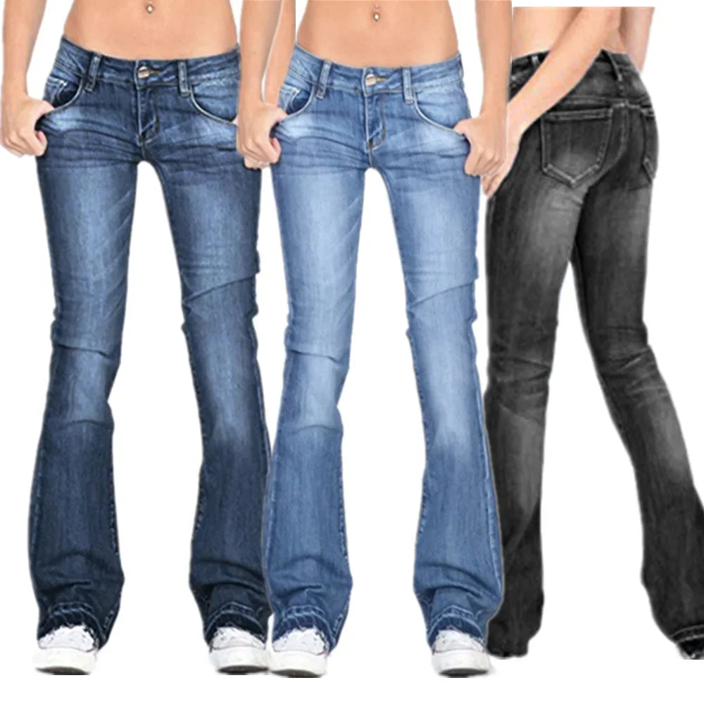 Women Washed Jeans Flare Pants Denim Mid Waist Slim Fit Pockets Button Solid Colour Vintage Full Length Casual Denims Trousers Aviola