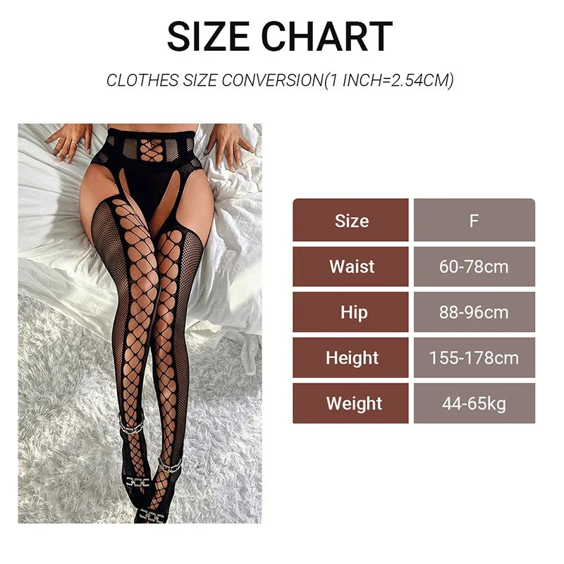 Erotic Crotchless Lingerie Women Black Stockings With Belt Set High Fishnet Sexy Tights Floral Print Pantyhose Mesh Long Tights Aviola
