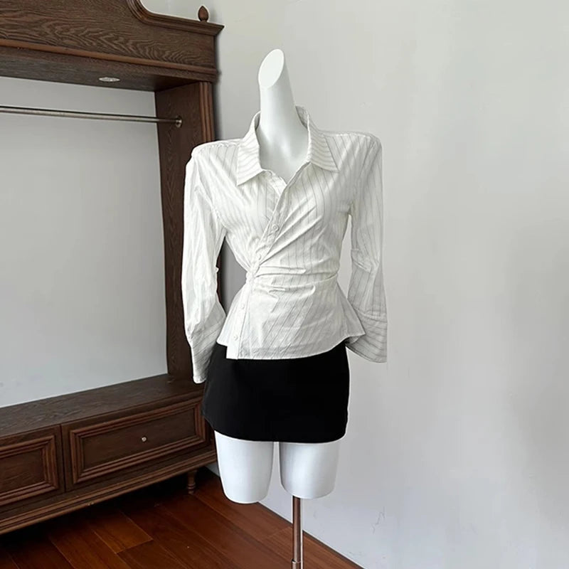MEXZT Elegant Striped Shirts Women Vintage Irregular Long Sleeve Blouses Office Ladies Korean Chic Buttons Slim Design Tops New Aviola