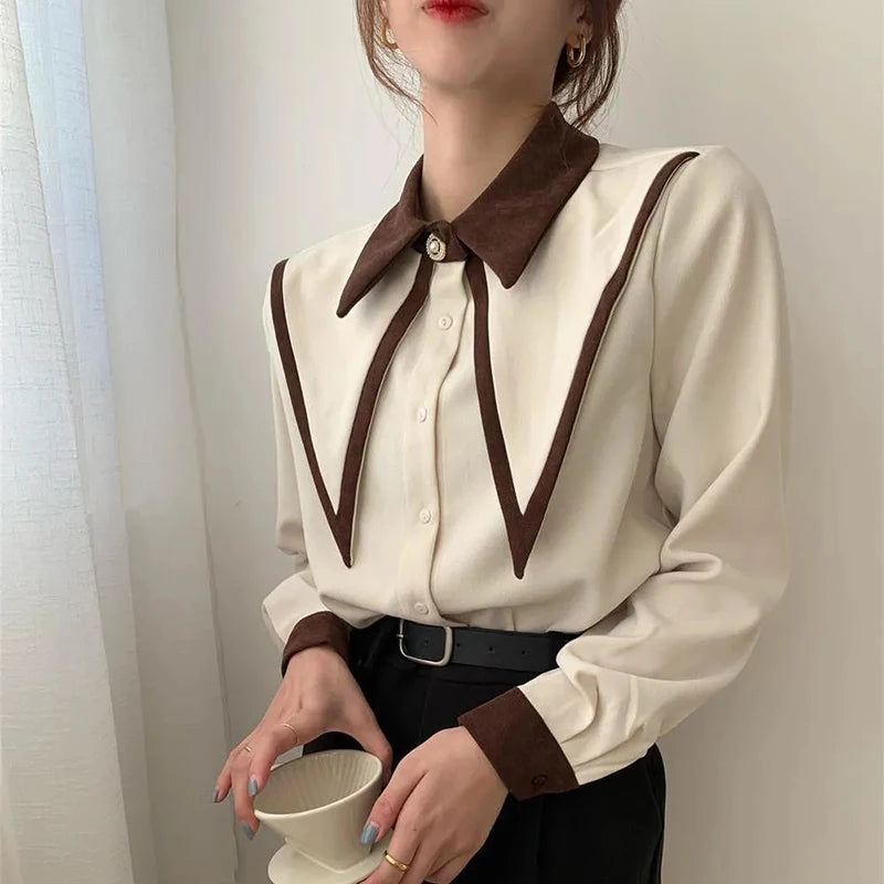 MEXZT Vintage Elegant Shirts Women Chiffon Patchwork Ruffle Turn Down Collar Long Sleeve Blouse Korean Office Lady Loose Tops Aviola