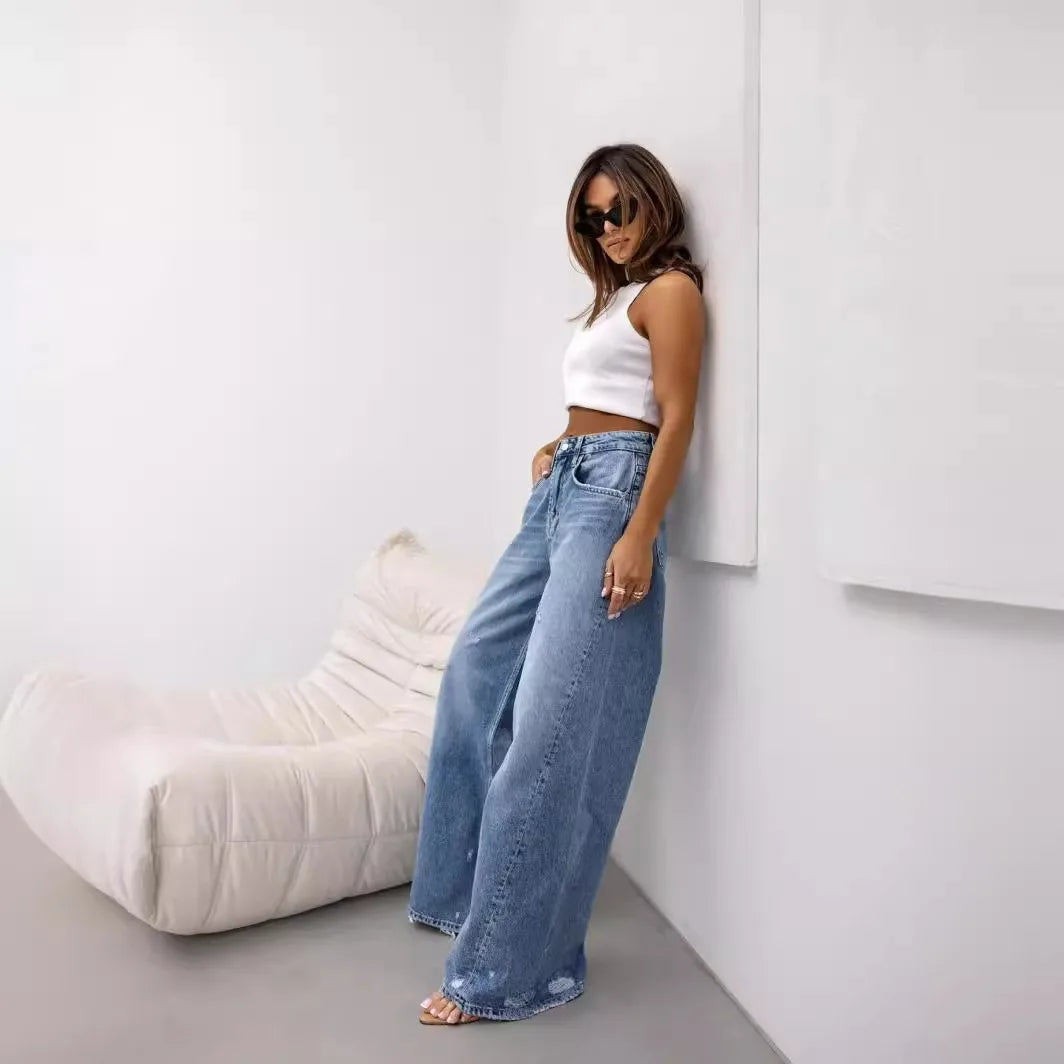 Women Denim Holes Jeans Washing Pencil Pants High Waist Zipper Mom Fly Slim Wide Leg Pockets Full Length Spring 2025 Streetwear Aviola