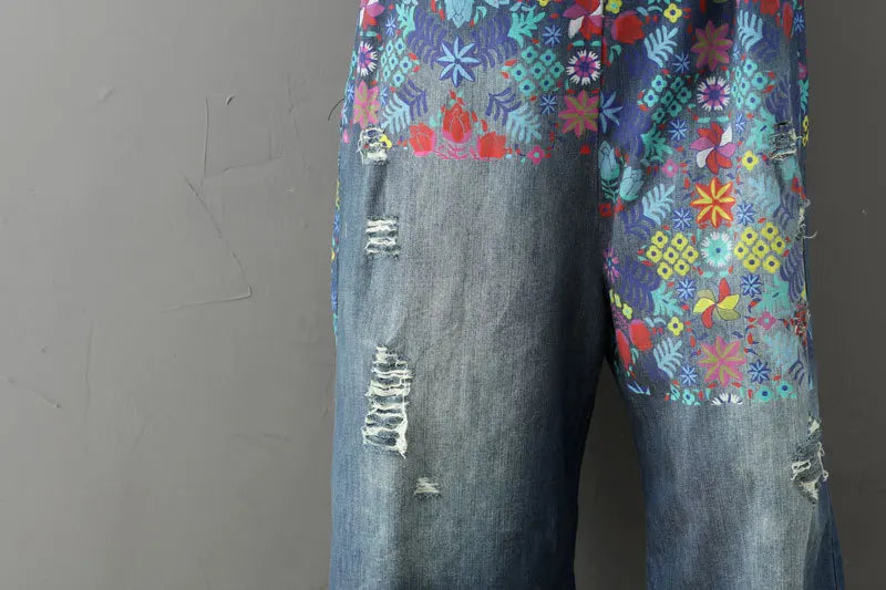 Jean Women Overalls Washed Denim Bleached Wide Leg Pants Hole Ripped Ankle Length Jeans Distressed Pockets Print Casual Aviola