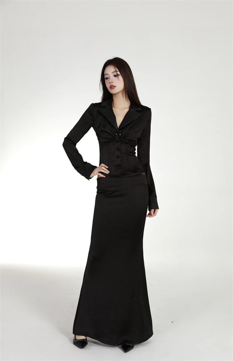 MEXZT Vintage Black Shirts Women Elegant Cropped Satin Long Sleeve Blouses Office Ladies Korean Turn Down Collar Design Tops New Aviola
