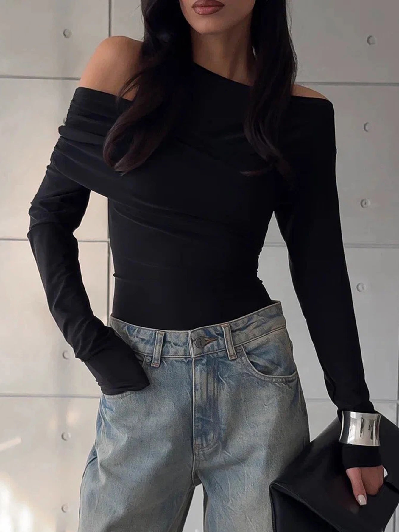 Nibber Elegant Woman Top Autumn Irregular Off Shoulder Stretch Street Fashion Blouse Simple Stylish Versatile Daily t-Shirt Aviola