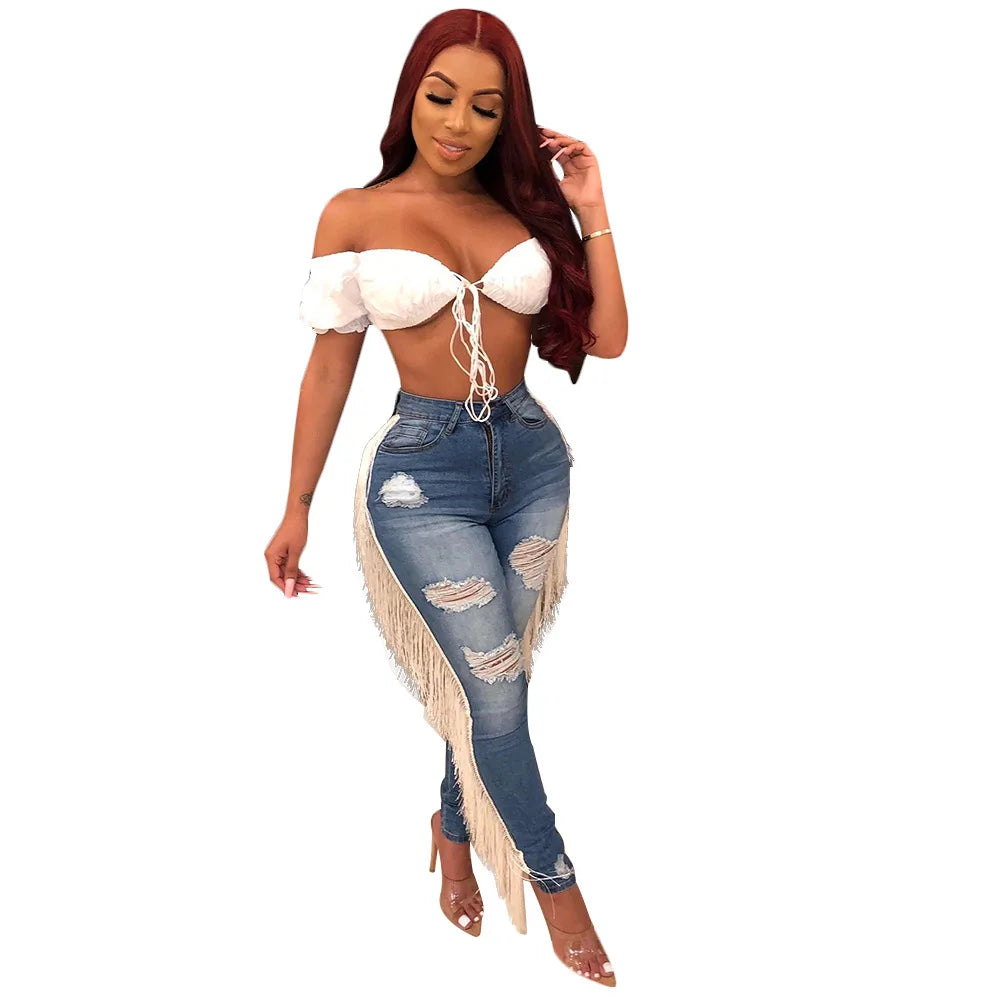 Denim Pants Women Mom Jeans Hole Long Pants Tassel High Waist Straight Trousers Y2k Bodycon Slim Fit Splice Streetwear 2025 Aviola