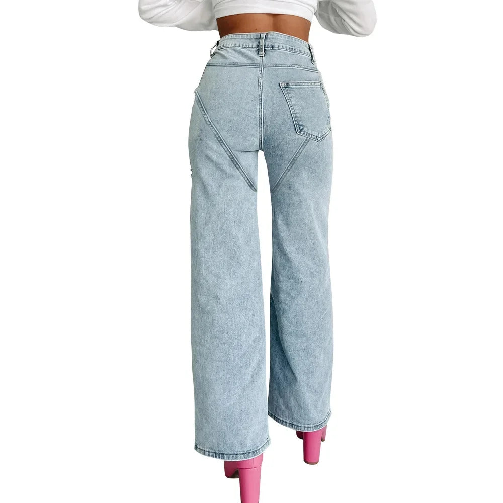 Denim Jeans for Women Streetwear Straight Pants Hole Diamonds Mid Waist Washed Distressed 2025 Casual Mom Ankle Length Trousers Aviola