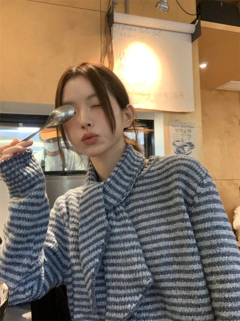MEXZT Vintage Striped Knitted Cardigan Women Elegant Scarf Sweater Outerwears Korean Long Sleeve Knitwears Winter Casual Jumpers Aviola