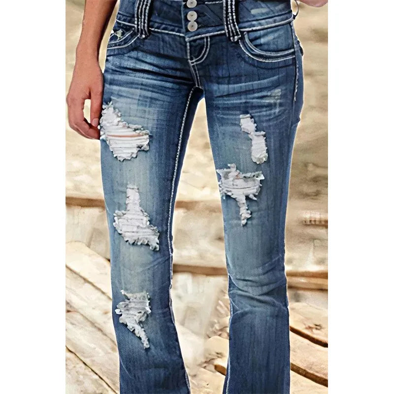 Mid Waist Flared Jeans Women Button Casual Straight Leg Pants New 2023 Summer Pocket Hole Female Loose Office Lady Slim Pants Aviola