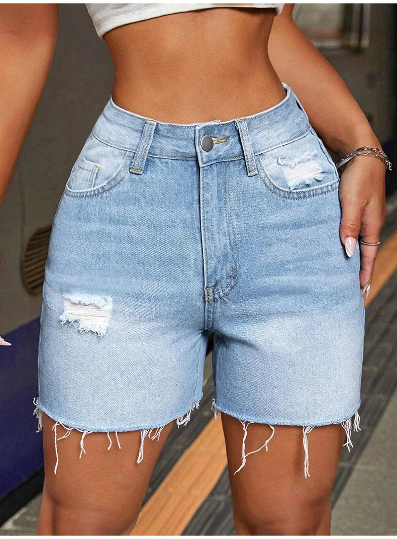 Short Jeans Women Casual Holes High Waist Trousers Button Straight Pants Streetwear Club Beach Mini Lenth 2025 Summer Mom Jeans Aviola