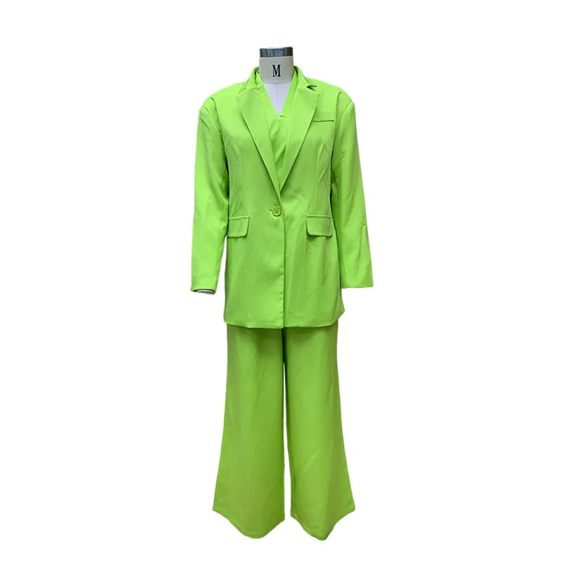 Women Tracksuit Three Pieces Set Turn Down Collar Cardigan Single Button Solid Outerwear Pockets Wide Leg Pants Office Lady Aviola
