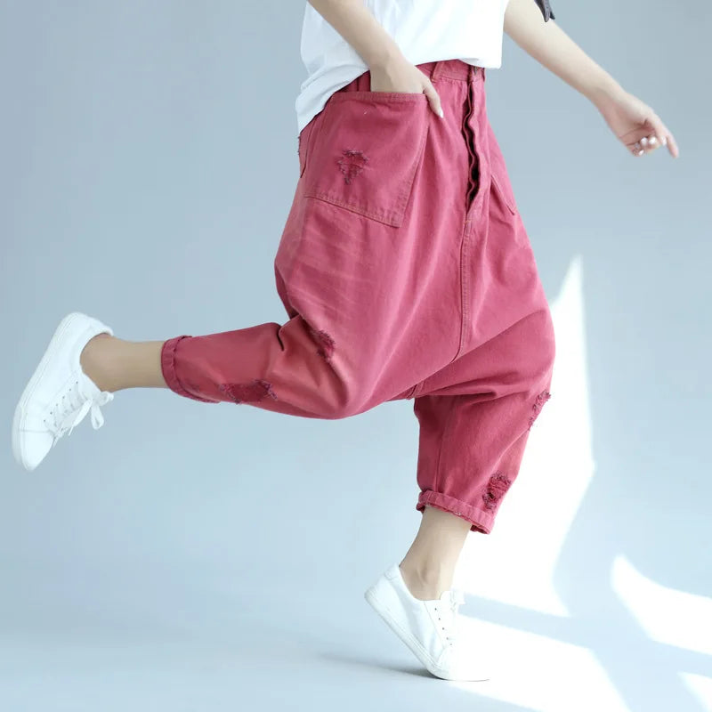 Denim Pant Women Jeans Calf Length Pants High Waist Straight Trousers Y2k Streetwear Elegant Mom Jeans Casual Hole Loose 2025 Aviola