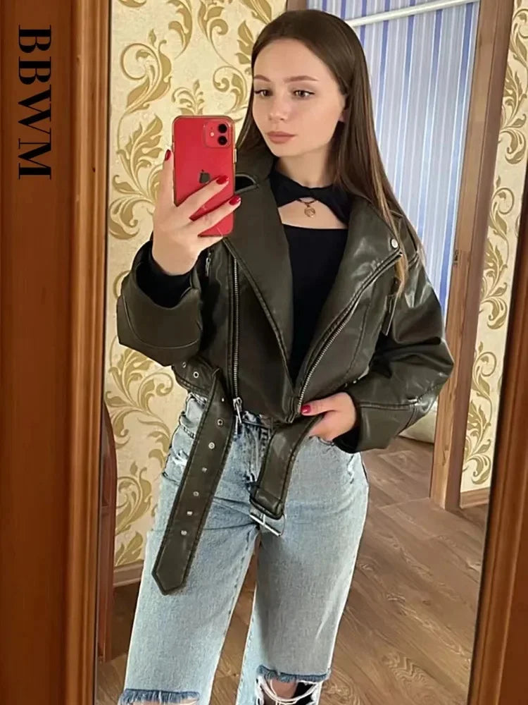 RARF Women Oversized Vintage Loose Pu Faux Leather Short Jacket with Belt Streetwear Female Zipper Retro Moto Biker Coat Outwear Aviola