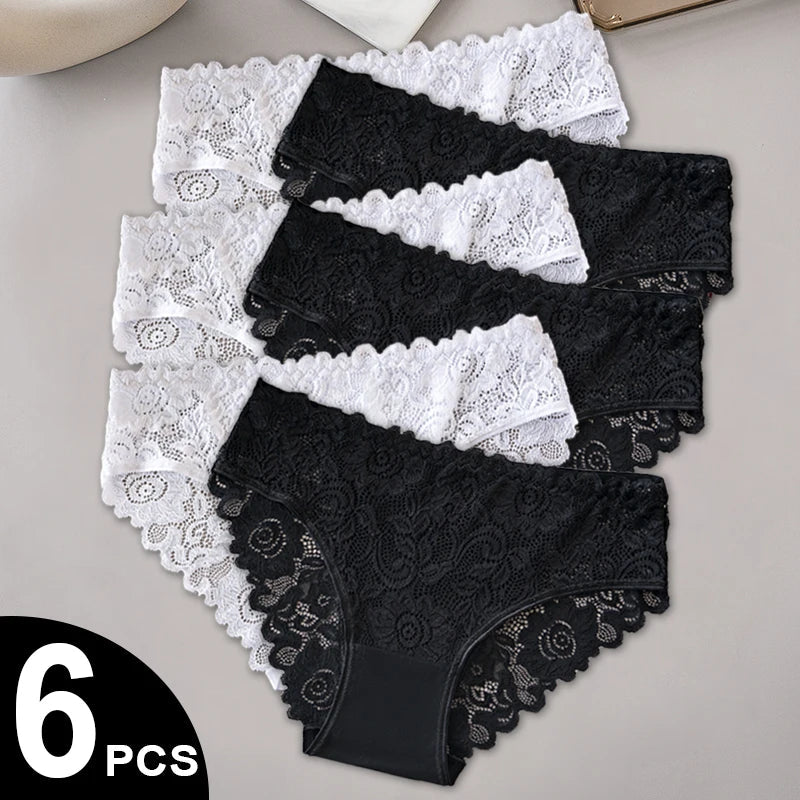 3Black+3White Women Panties Set Middle Waist Hollow Out Floral Lace Women Briefs Sexy Lingerie Female Underwear 6PCS Aviola