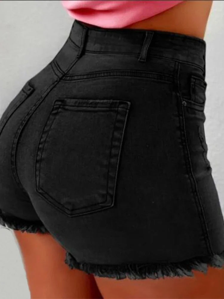 Shorts Denim Women Holes Jeans Mom Skinny High Waist Pockets Zipper Fly Blue Tassel Slight Strech Streetwear 2025 Sexy Bodycon Aviola