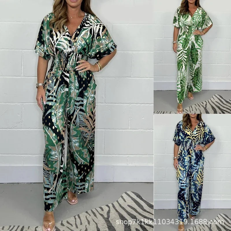 Rompers Women V Neck Jumpsuits Ankle Length Wide Leg Pants Print Pullover One Piece Y2k Streetwear Loose Casual Pockets Aviola