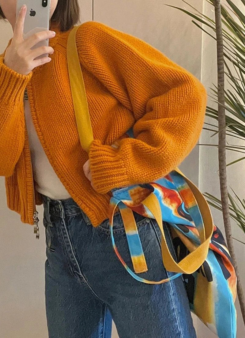 MEXZT Solid Knitted Cardigan Women Sweet Zipper Cropped Sweaters Korean Vintage Casual Knitwear Coat Loose Short Jumpers Jackets Aviola