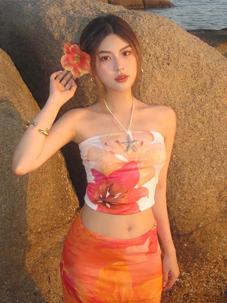Nibber Colorful Wrap Tops Women Flower Print Chest Wrap Sleeve Backless Skinny Beach Party Simple Classic Summer Mini Clothes Aviola