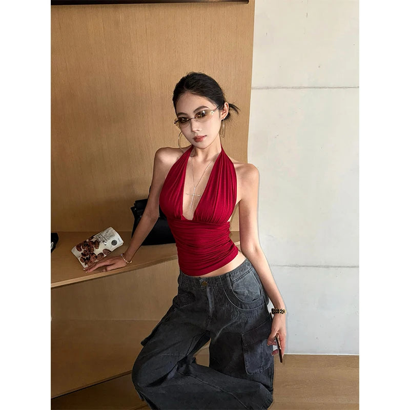 MEXZT Y2K Red Tank Top Women Streetwear Sexy Gyaru Halter Backless Corset Grunge Aesthetic V Neck Camis Summer Coquette Clothes Aviola