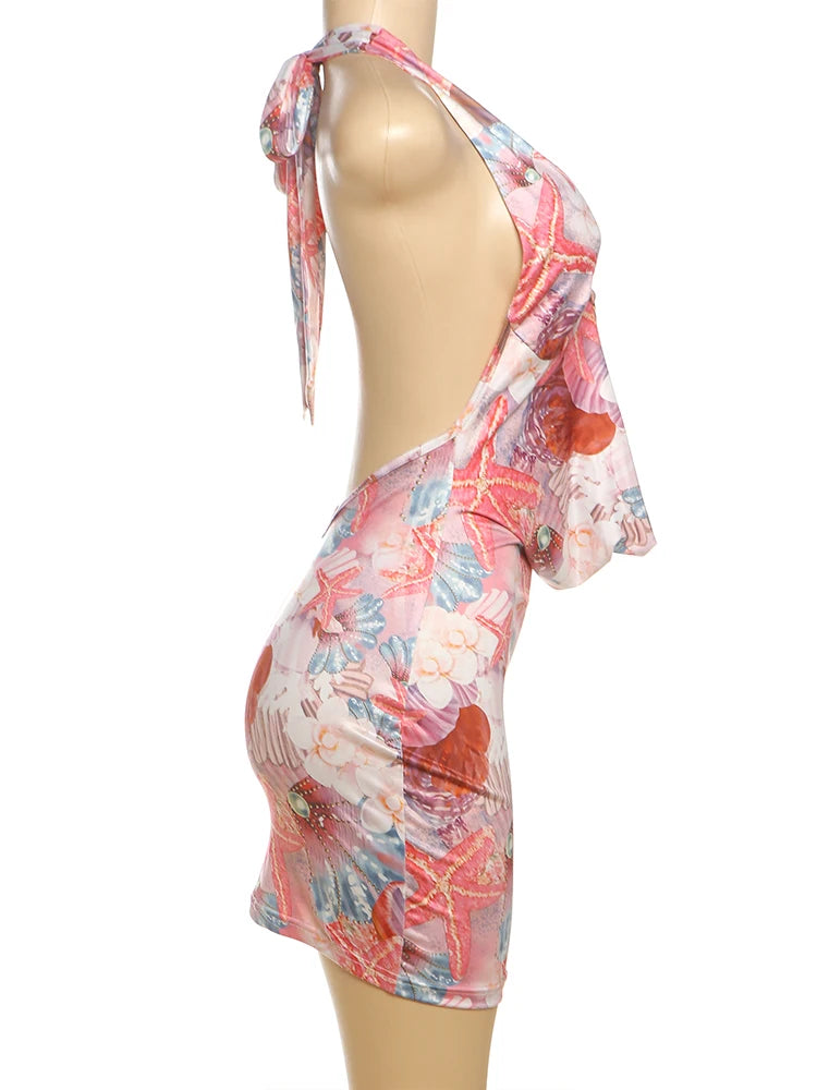 Nibber Colorful Print Dress Women Metal Shells Swing Collar Halter Bandage Backless Sleeveless Elasticity Sexy Midnight Bodycon Aviola