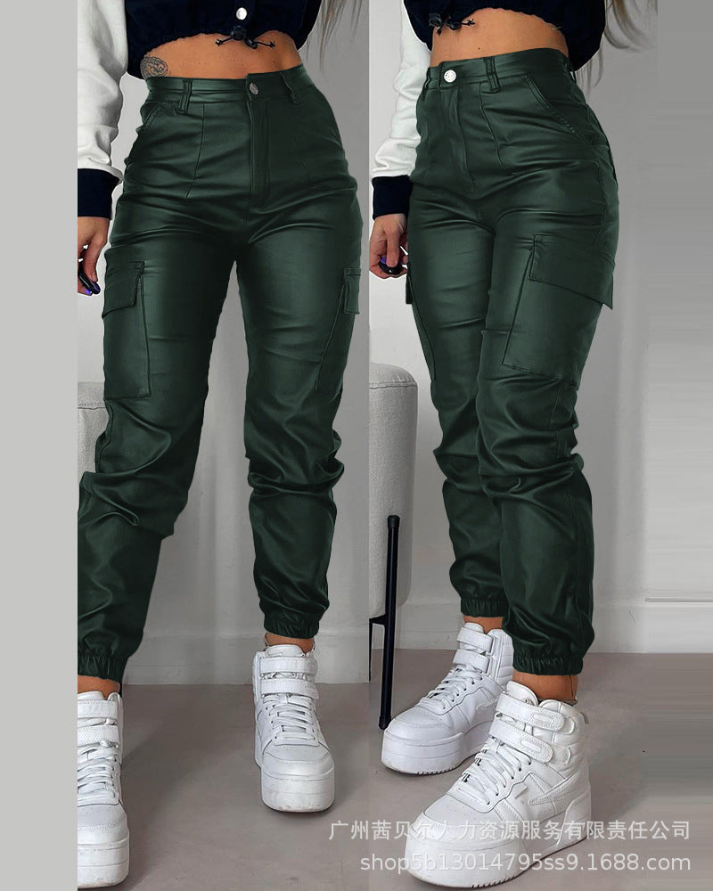 2023 Women Leather Pants Pencil Multiple Pockets Tight Pu Pants Solid Color Button Classic Leather Slim Trousers Female Autumn Aviola