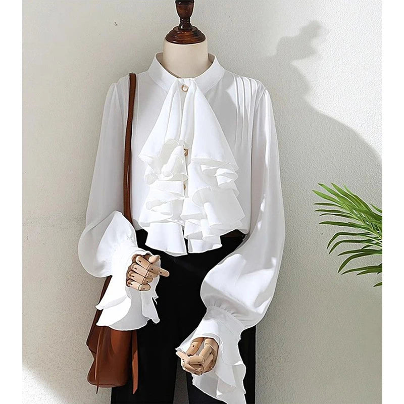 MEXZT Vintage White Shirts Women Elegant Ruffles Flare Long Sleeve Blouses Office Ladies Korean Single Breasted Design Chic Tops Aviola