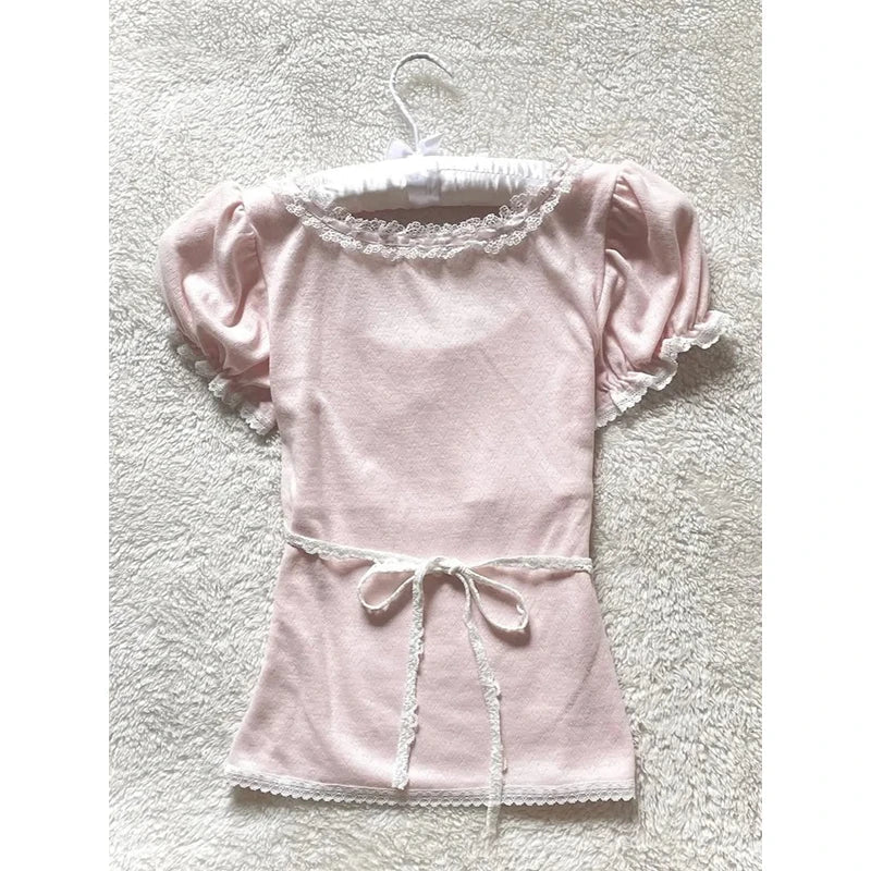 MEXZT Kawaii Pink T Shirt Women Japanese Cute Bow Lace Up Tops Summer Y2K Korean Fashion Lace Patchwork Puff Short Sleeve Tees Aviola