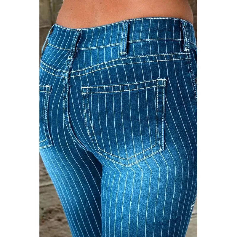 Stripe Jeans Women Mid Waist Flare Pants Ladies Trousers Female Casual Slim 2025 Summer Button High Strecth Elegant Office Lady Aviola