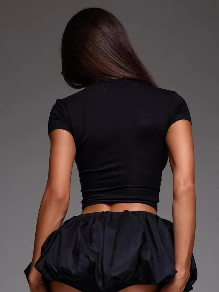 Nibber Hottie Casual 2 Piece Set Women Letter Print Shorts Sleeve Crop Tops+Puffy Skirt Simple Basic Matching Streetwear Outfits Aviola