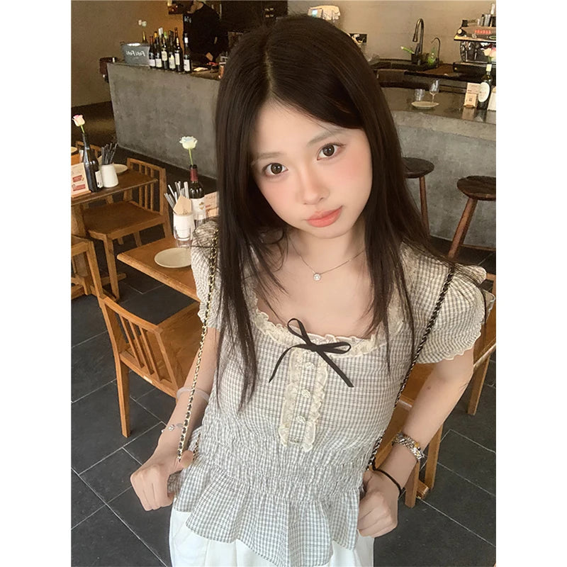 MEXZT Vintage Plaid Shirts Women Japanese Harajuku Bow Lace Patchwork Blouses Summer Kawaii Cute Puff Short Sleeve Casual Tops Aviola