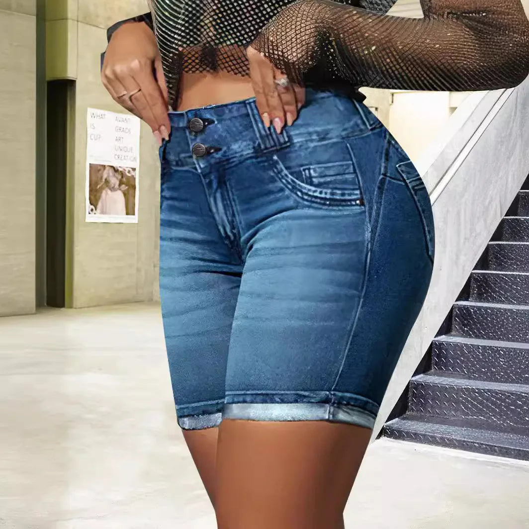 Women Jeans Sexy Sheath Shorts Washing Denim High Waist Slim Fit Zipper Fly Flat Spliced Summer Pockets Button Basics 2025 Aviola