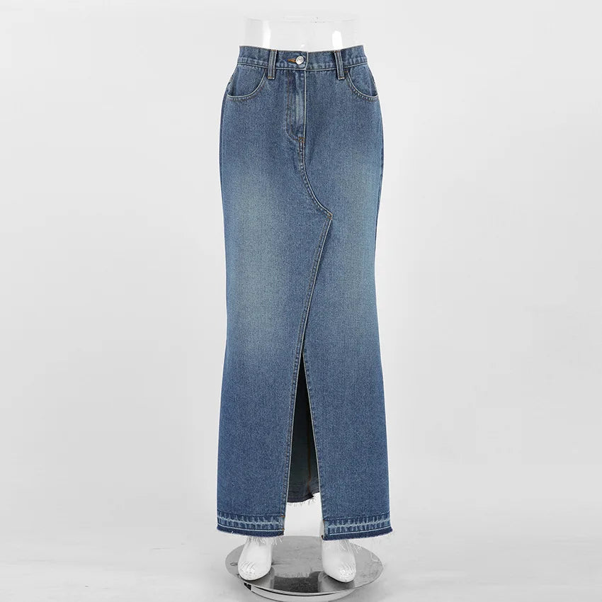 Denim Long Skirt Women Split Skirts Stretch High Waist Pockets Washed Distressed Mom Jeans 2025 Summer Streetwear Vintage A Line Aviola