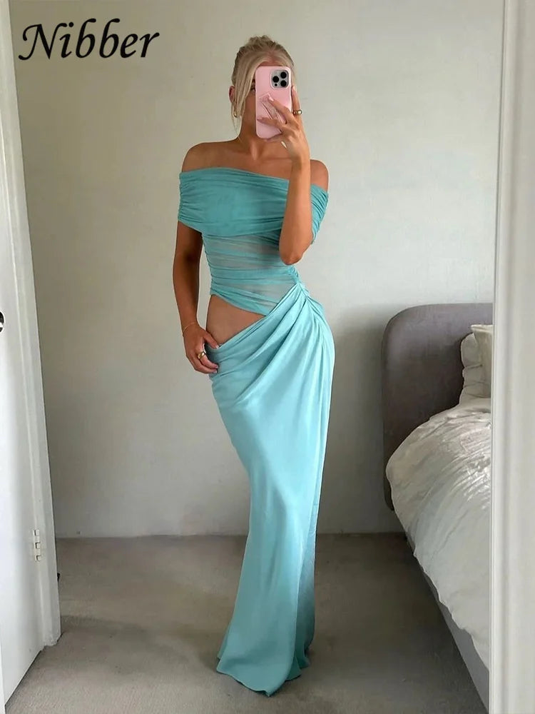 Nibber Ruched Irregular Dress Women Mesh Patchwork Slash Neck Short Sleeve Skinny Stretch Trend Elegant Long Bodycon Outfits Aviola