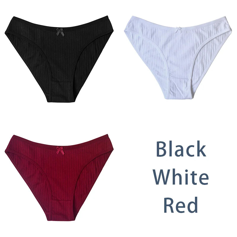 3PCS/Set Women Cotton Panties Sexy Classic Underwear Low Rise Female Rib Underpants Girls Comfort Briefs Bow Lingerie Aviola