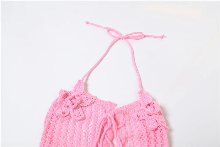 Nibber Knitted Lace-Up Jumpsuit Women Backless Halter Flower Applique Sleeveless 2025 Summer Vacation Trend Classic Overalls Aviola