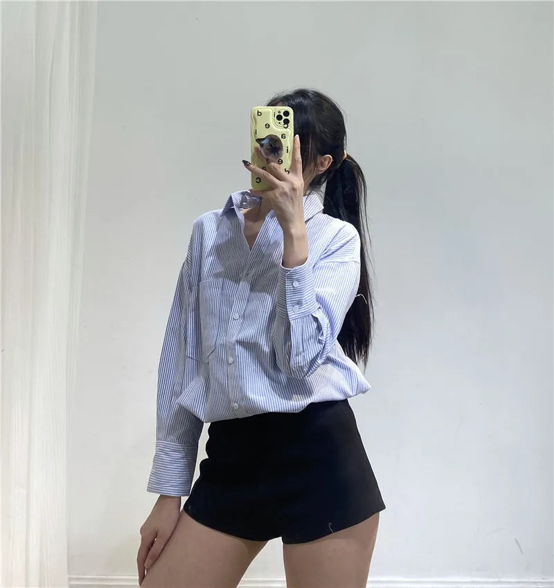 RARF Women Autumn Single Breasted Blouses Vintage Lapel Collar Long Sleeve Office Lady Female Shirt Chic Pocket Top Blusas Aviola