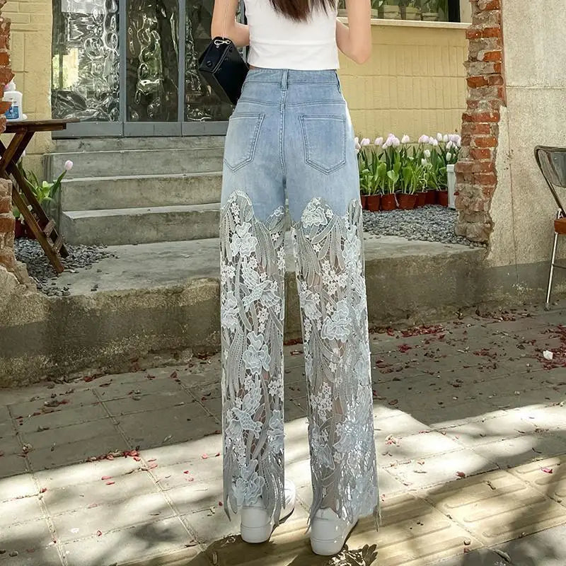 Denim Pant Women Jeans Hollow Out Floral Long Pants Slim Lace High Waist Straight Trousers Y2k Streetwear Splice Mom Party Club Aviola