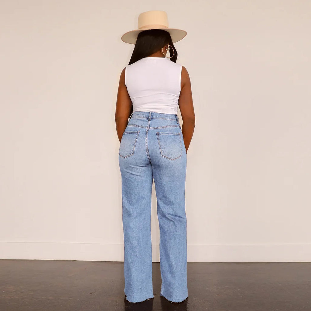 Women Jeans Ankle Length Holes Loose Flat Straight Pants Zipper Fly Pockets Solid Color High Street Slight Strech Denim Aviola